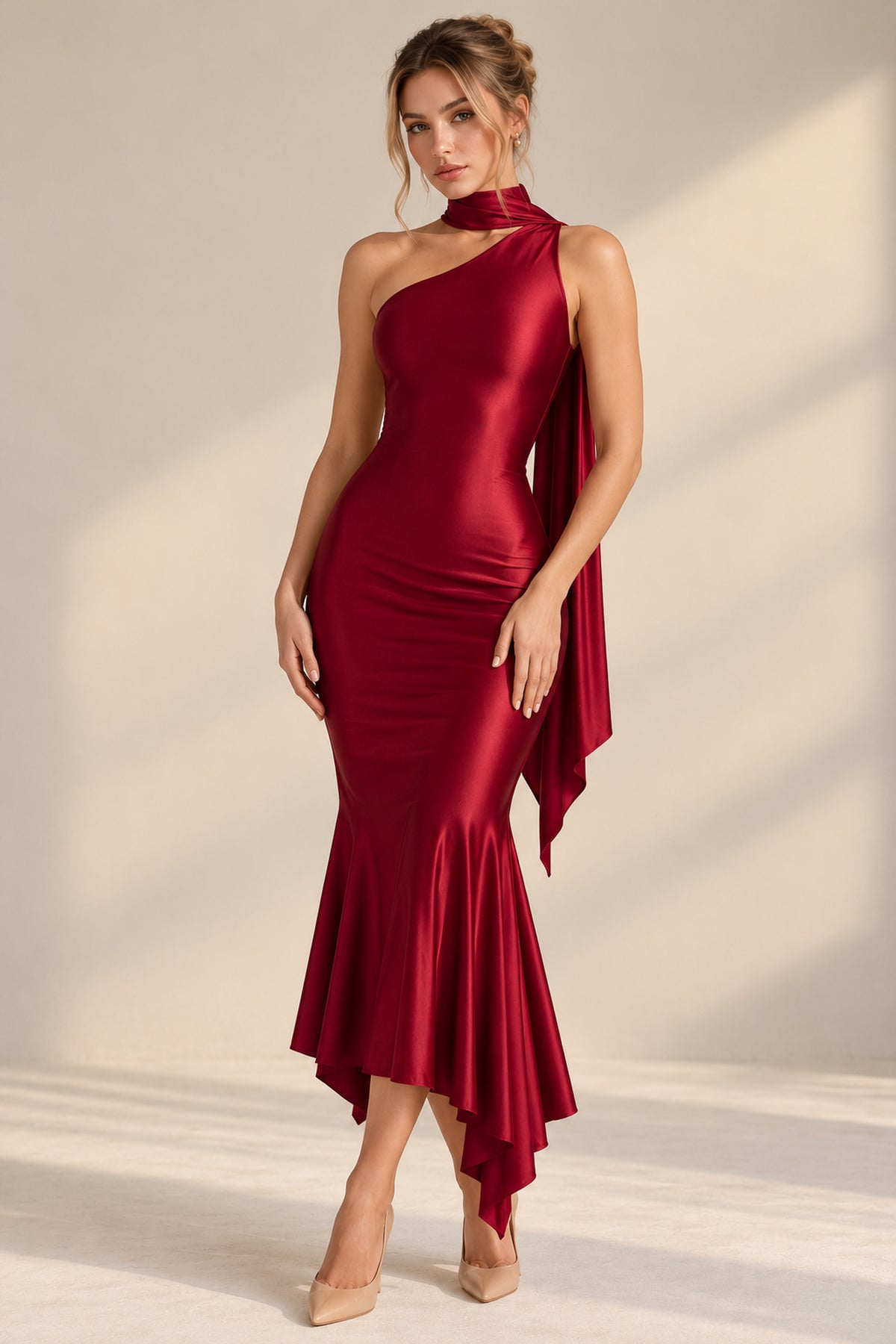 Shaya | Drape Halter Neck Satin High Waist Asymmetric Midi Dress