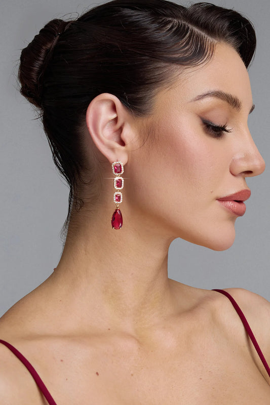 Shah | Ruby Crystal Square & Teardrop Long Drop Earrings