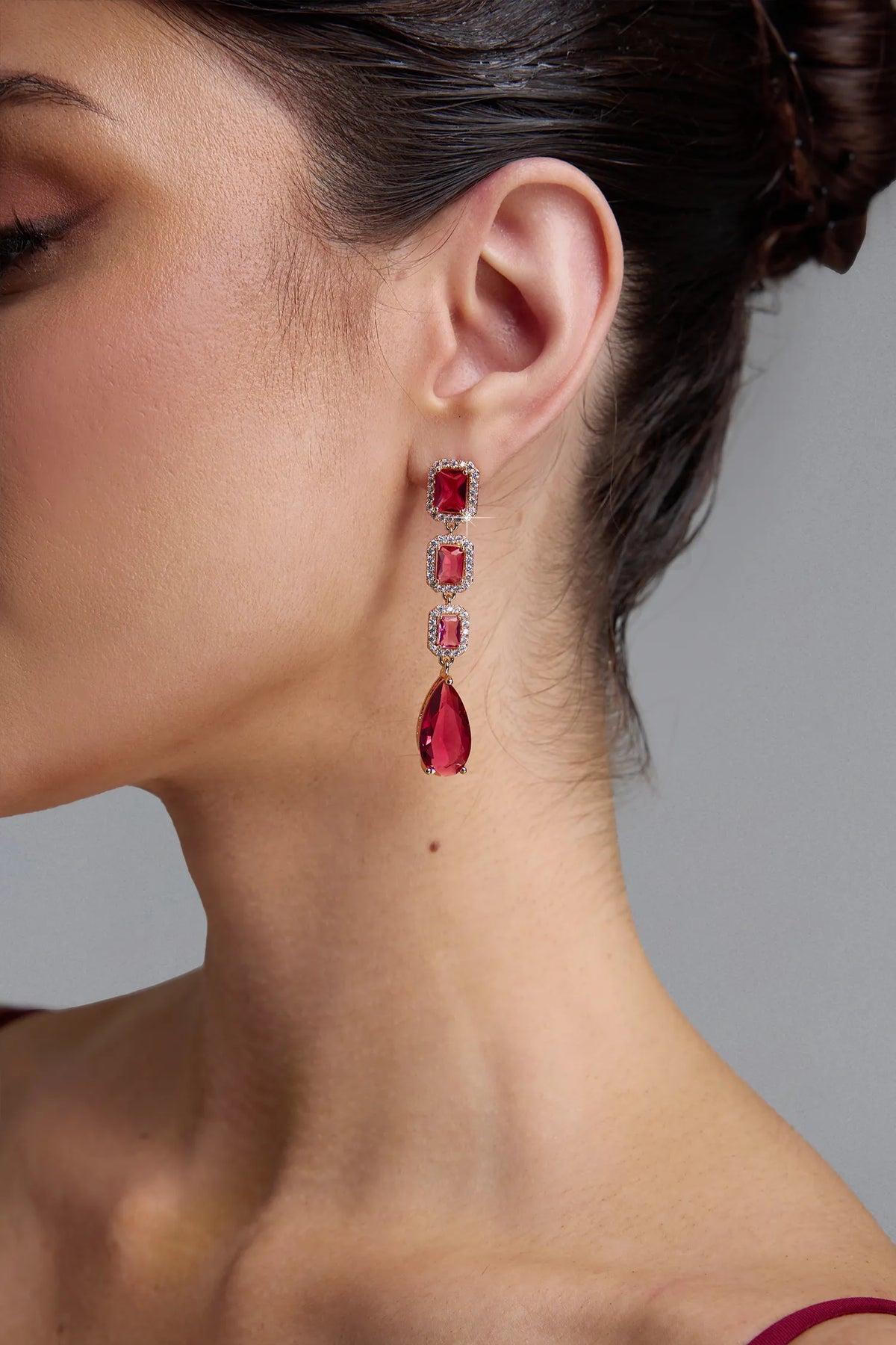 Shah | Ruby Crystal Square & Teardrop Long Drop Earrings
