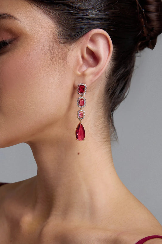 Shah | Ruby Crystal Square & Teardrop Long Drop Earrings