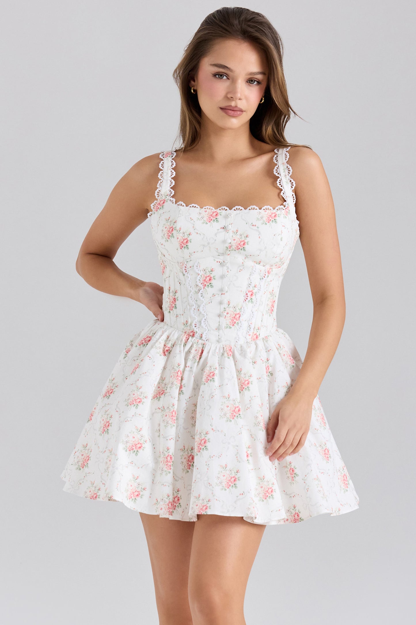 Floral Romance Rose Printed Lace & Cotton Mini Dress