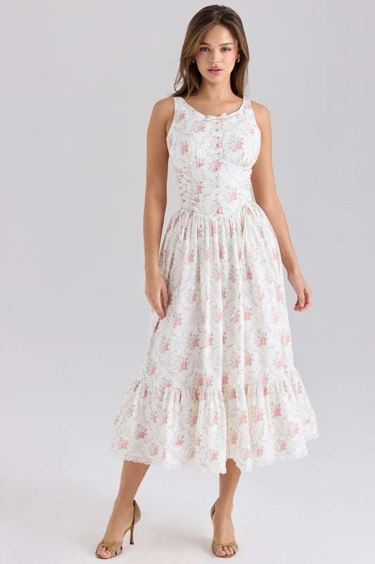 Rose print stretch cotton lace-up midi dress