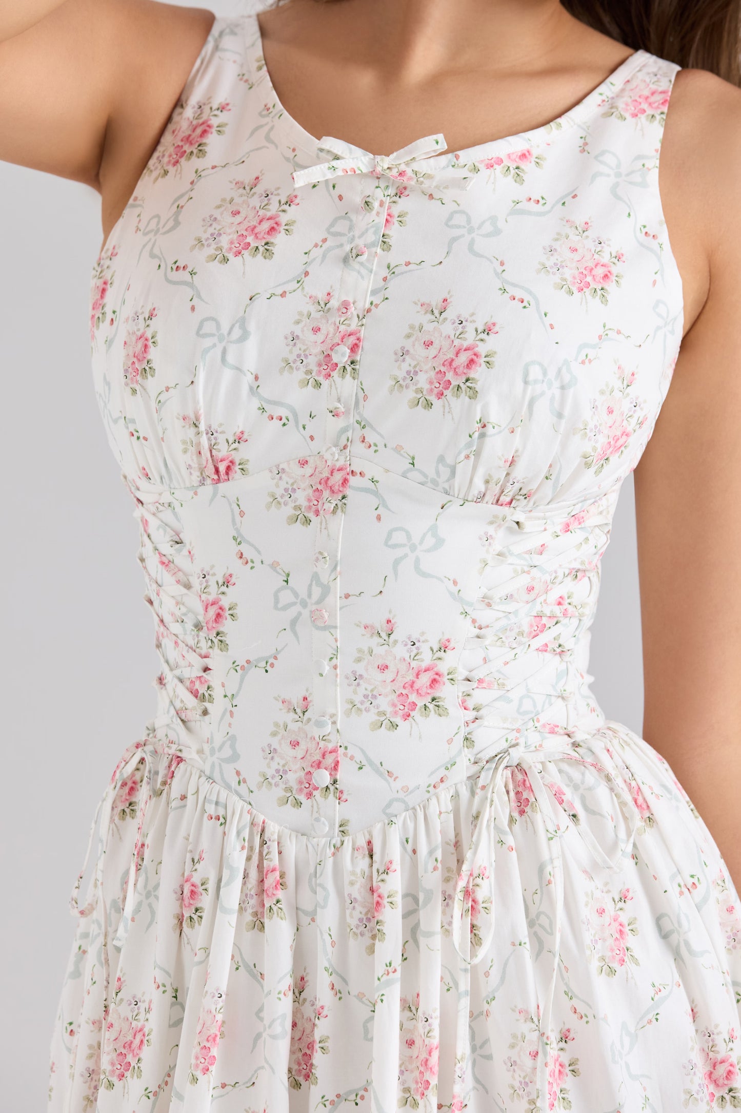 Rose print stretch cotton lace-up midi dress