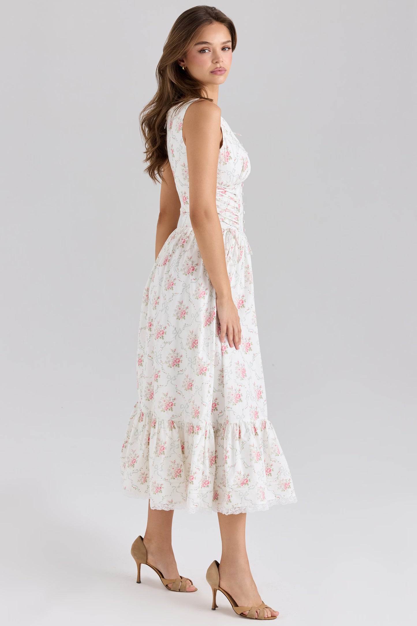 Rose print stretch cotton lace-up midi dress