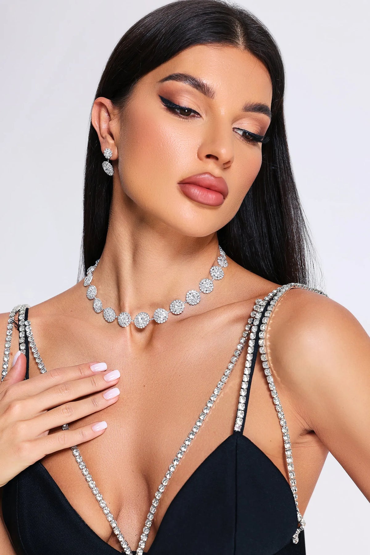 Iced Circle | Rhinestone Cluster Necklace & Earrings Jewellery Set