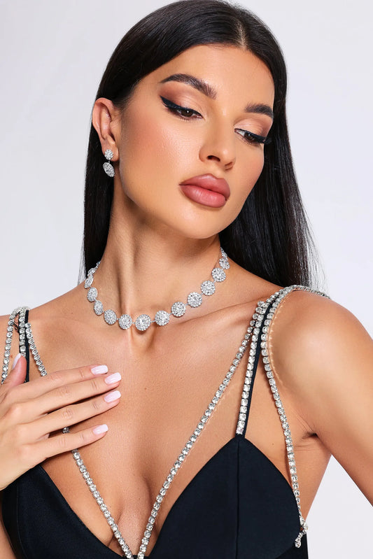 Iced Circle | Rhinestone Cluster Necklace & Earrings Jewellery Set