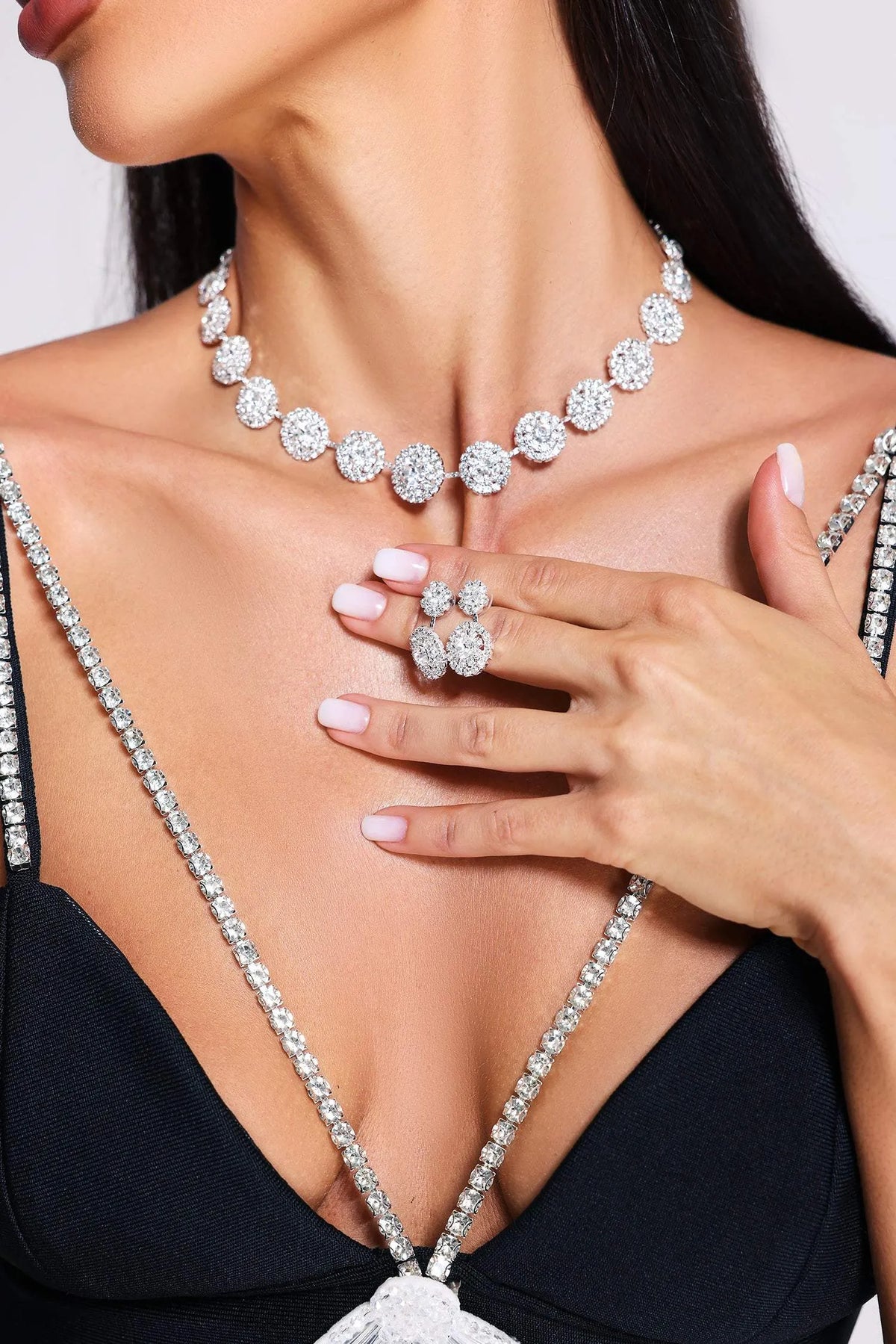 Iced Circle | Rhinestone Cluster Necklace & Earrings Jewellery Set