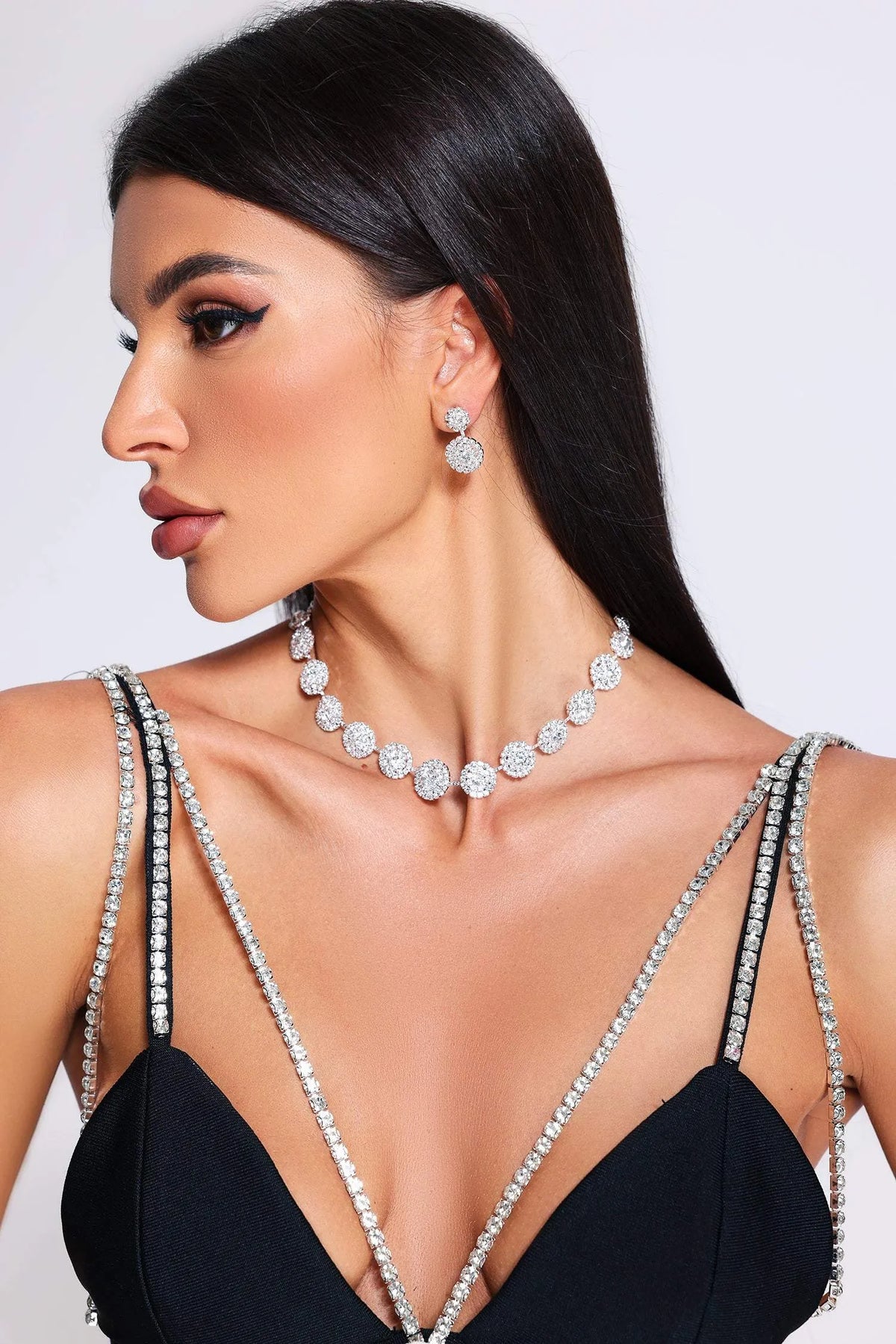 Iced Circle | Rhinestone Cluster Necklace & Earrings Jewellery Set