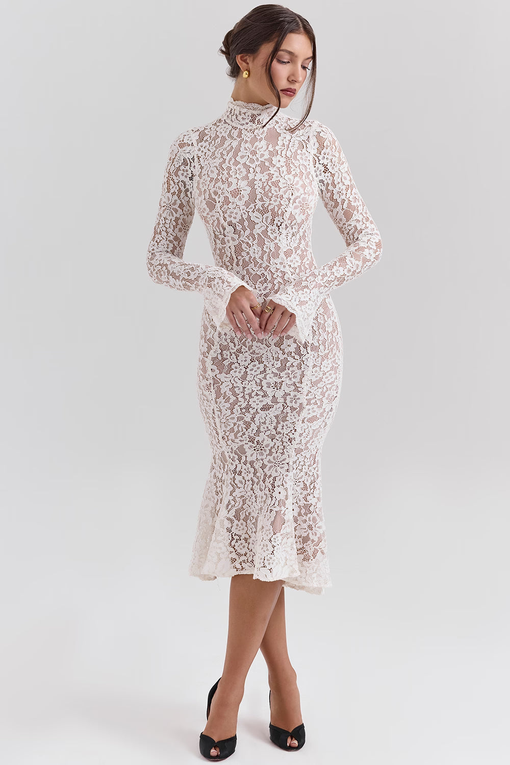 Phia | Ivory Lace Fitted Midi Dress