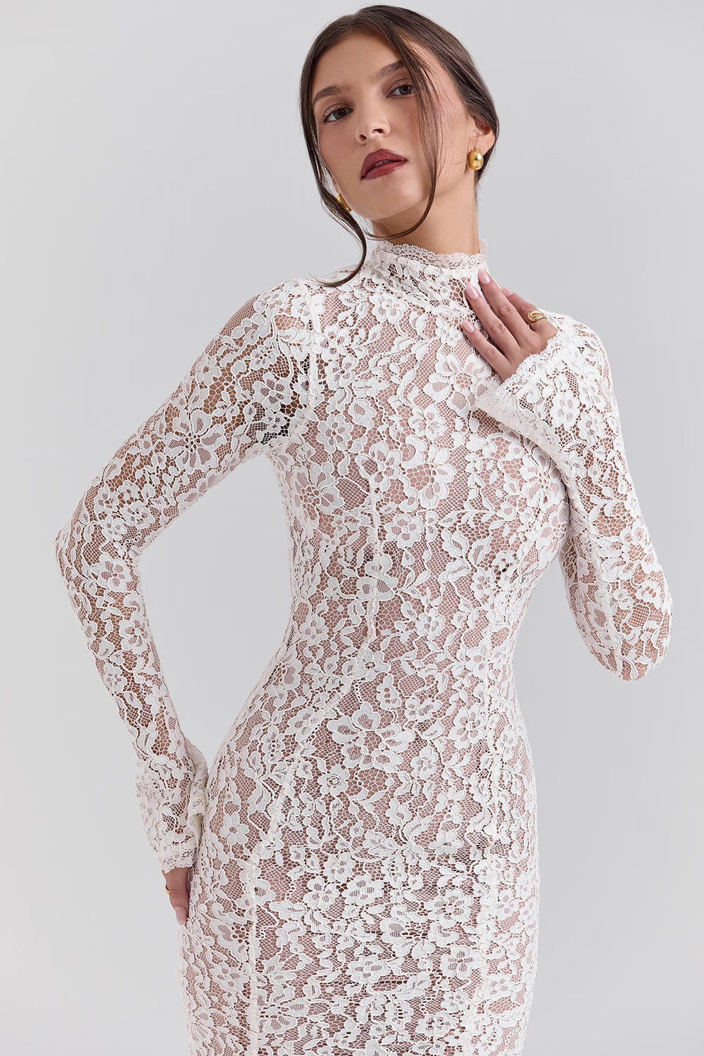 Phia | Ivory Lace Fitted Midi Dress