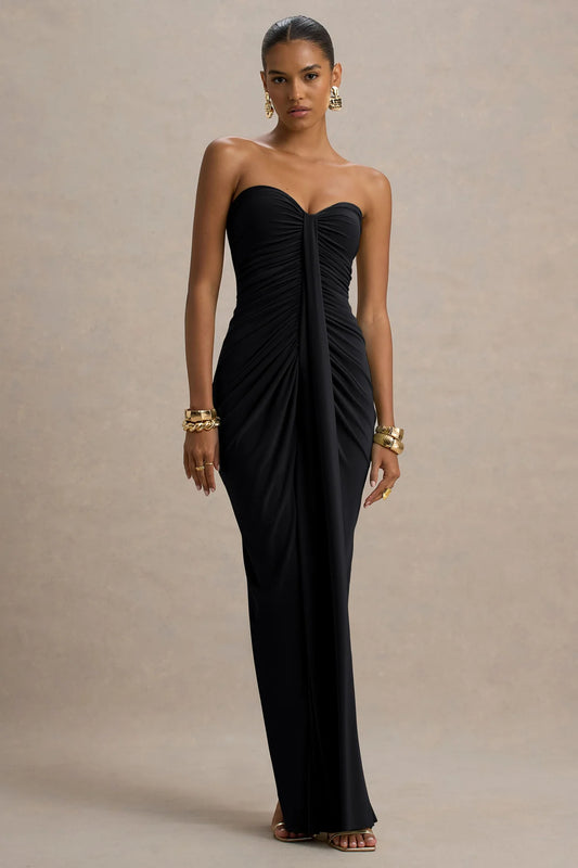 Black Sweetheart Ruched Wrap Maxi Dress | Velvyra Paris