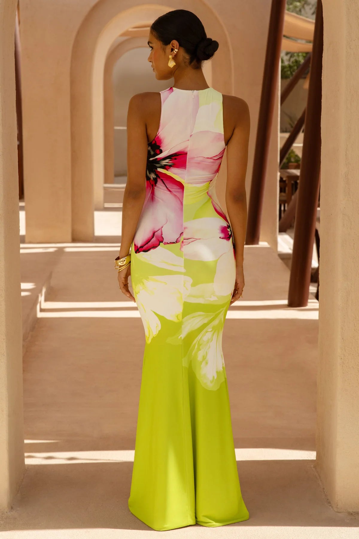 Marl | Lime Floral Print High-Neck Maxi Dress