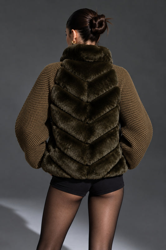 Dark Olive Faux Fur Chevron Knit Sleeve Zip Bomber Jacket Back View | Velvyra Paris